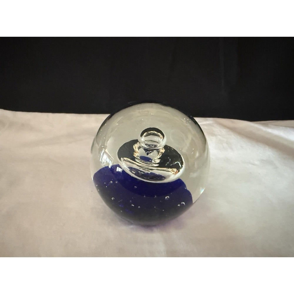 Large Cobalt Blue Silver Swirl Blown Glass Paperweight Controlled Bubbles